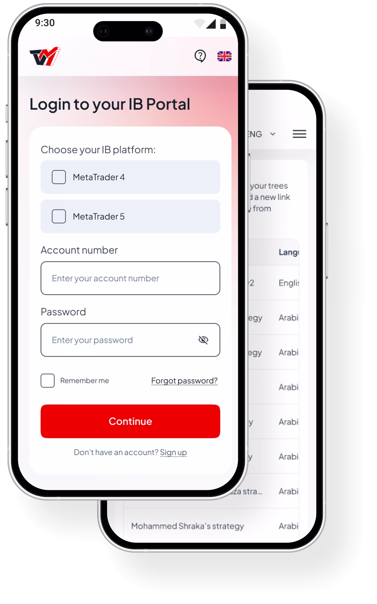 Two mobile phones display the login portal, showing how to become an IB in 3 easy steps on desktop.